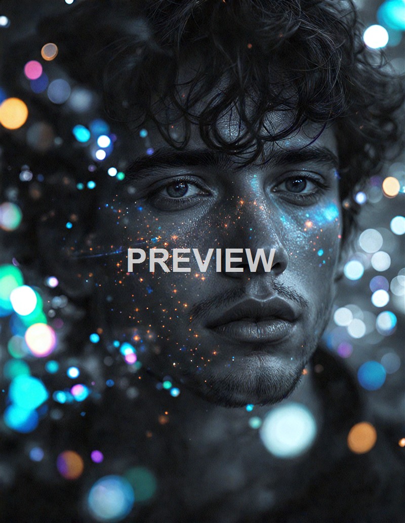 A close-up portrait of a person with curly hair and glowing, colorful specks on their face, set against a background of out-of-focus lights.